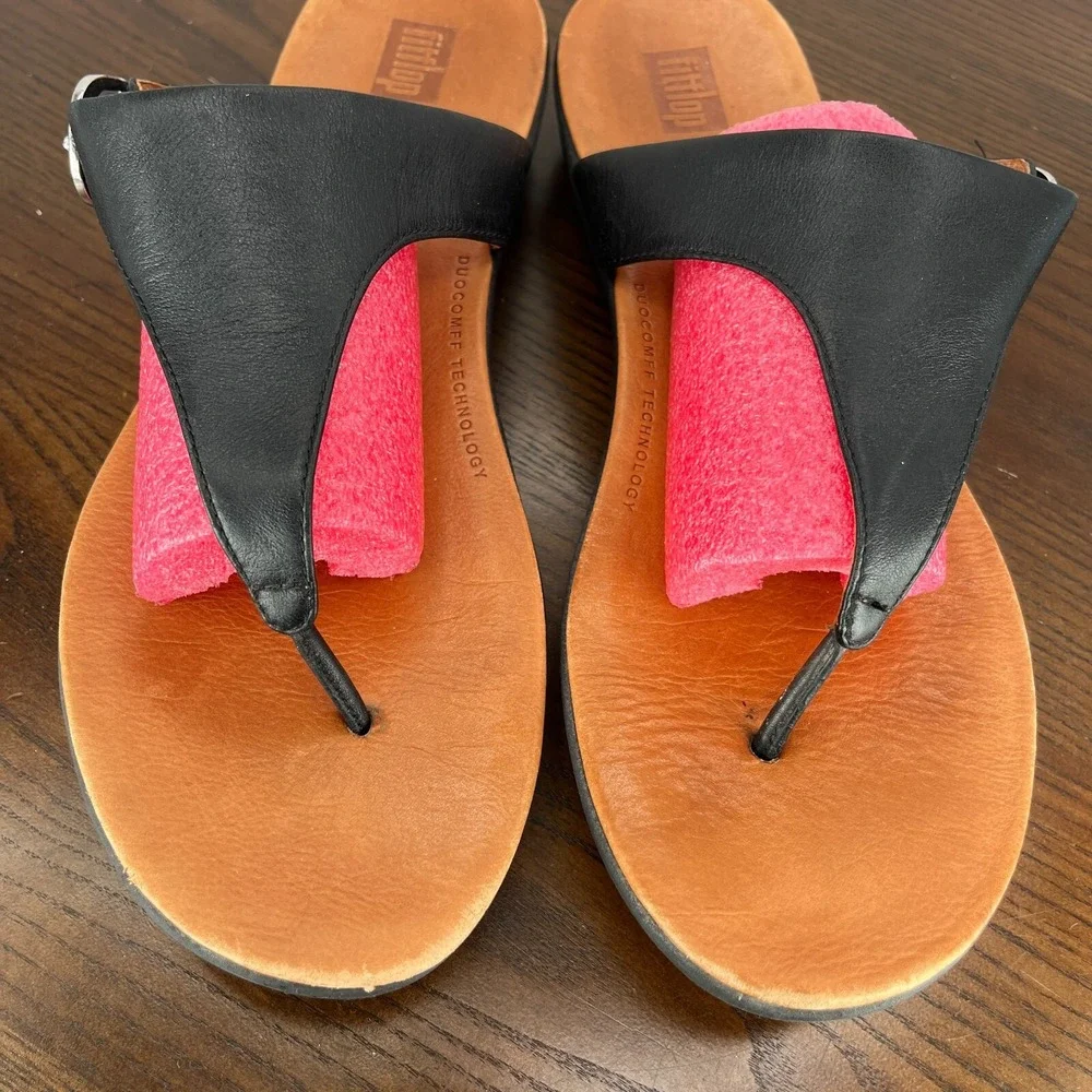 Fitflop Banda Sandal Women's 9 Black Leather Comfort Thong Flip Flop M20-001‎